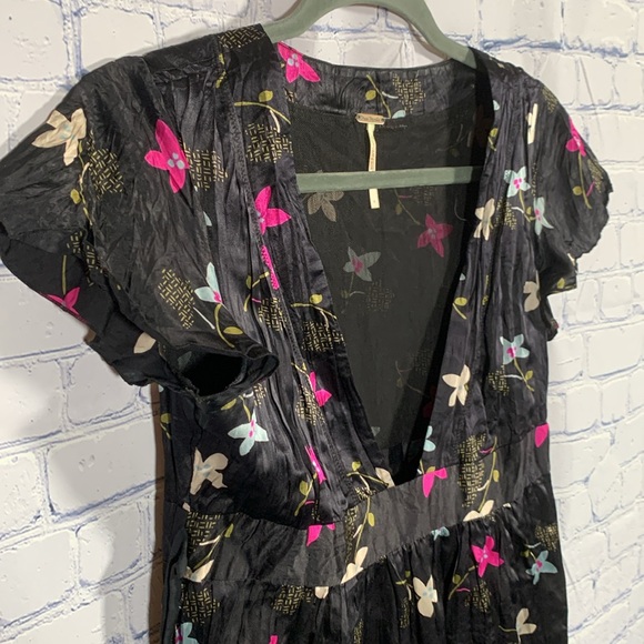 Free People Silk Babydoll Floral Mini Dress Deep V-Neck Black Whimsigoth Y2K 4 - Picture 2 of 10